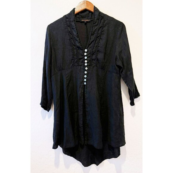 Romeo Giulia Women's 100% Linen Black Lace Trim Button Artsy Blouse Top Large - Picture 1 of 7